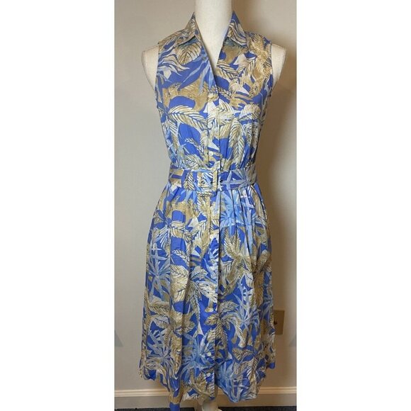 J.McLaughlin Dress Button Front Belt Blue Tan Size Small S - Picture 1 of 5